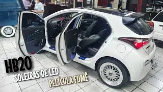 Hyundai Hb20 Soleiras de Led + Película Fumê Escura Faróis/Lanternas + Pintura Logotipos + Fita Néon