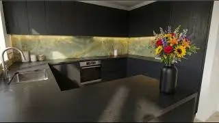 Cucina in Nero Assoluto e Onice. Kitchen in Absolute Black and Onyx. Cuisine en Noir Absolu et Onyx.