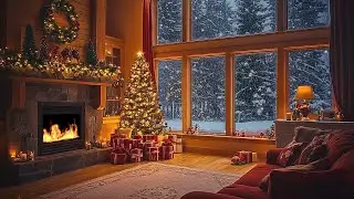 Relaxing Holiday Jazz | Cozy Fireplace & Snowy Cabin Ambience for Deep Sleep