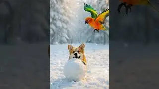 Corgi Rolls a Snowball While the Parrot Causes Chaos! Snow Day Begins!