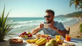 Boy on the edge of the beach having breakfast [lofi sun]