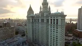 NYC Municipal Building Lower Manhattan - drone aerial Manhattan New York City