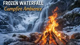 Winter Campfire by a Frozen Waterfall | Cozy Fire & Snow Sounds