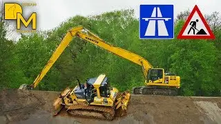 KOMATSU LONG REACH + DOZER + CATERPILLAR GRADER / MEGA AUTOBAHN BAUSTELLE DOKU #73