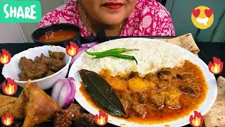 ASMR:EATING MUTTON CURRY WITH RICE, MUTTON LEAVER WITH CHAPATI,KABAB,SAMOSA&SALAD🔥#asmr#mukbang#food