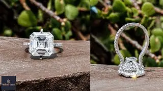 Asscher Moissanite Engagement Ring, Hidden Halo, Wedding/Bridal Sets, Big Moissanite Rings, Pave Set