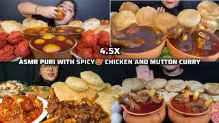 ASMR: Eating puri with spicy 🌶 chicken and mutton curry mukbang 🥵 