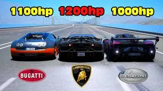 1200HP Lamborghini Aventador SVJ vs Bugatti Veyron vs Pagani Zonda DRAG RACE