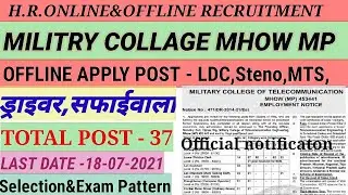 Military Collage MHOW Recruitment 2021 | Military Collage MHOW MP LDC / MTS /SAFAIWALA Bharti 2021