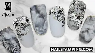 White lilies on marble grey base (nailstamping.com)