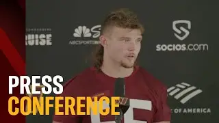 Cole Holcomb speaks to the media following practice