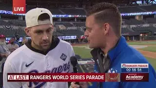 Nathan Eovaldi talks at the Texas Rangers 2023 World Series parade