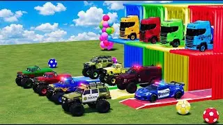Wow! AMAZING COLORFUL GARAGE - ALL POLICE CARS vs TRUCKS WITH HEAVY LOAD FLATBED, MONSTER TRUK, JEEP