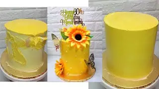 Sharp Edge Sunflower themed tall cake with stable whipping cream frosting