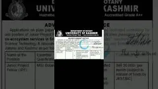 KASHMIR UNIVERSITY KU DEPARTMENT OF BOTANY #JPF RECRUITMENT ADVT NOTIFICATION 1082/25