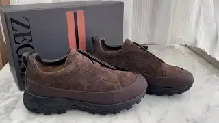 Zegna Dark Brown Leather and Suede Triple Stitch™ Monte Sneakers Review #review #unboxing #shoes