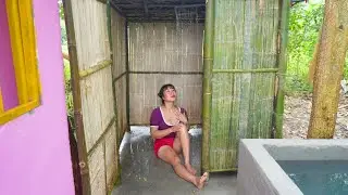 Building Bamboo Bath House With The Shower, Alone Build Log Cabin - OFF GRID FARM