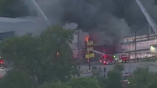 Aerial view of warehouse that burned Tuesday morning in north Houston