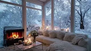 Calm Snowfall Piano Lounge | White Floral Room and Firelight Stress Relief