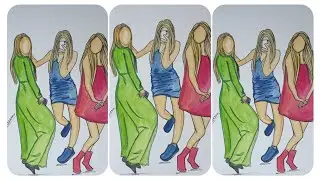 3 Girls Take A Selfie Pose Drawing In Easy Way-step by step||Easy watercolor tutorial||bff||friends