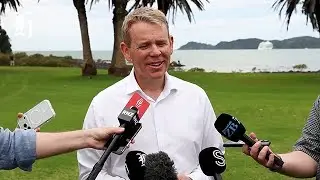 Labour leader Chris Hipkins talks to the media from Waitangi