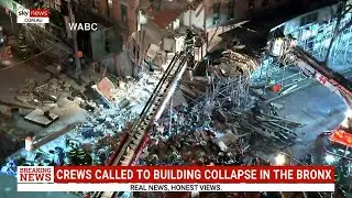 Emergency services search through scene of partial building collapse in the Bronx