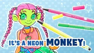 Drawing Cute Monkey Girls with Stabilo Pen 68 Neon Markers