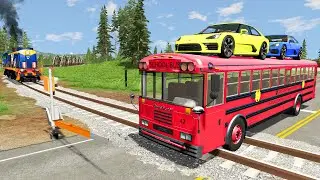 Red Bus Stuck Crosses Road Cars and Trains - Cars vs Rails and Railroad Barrel - BeamNG.Drive