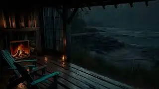 No Ads Rain Falling Over the Beach Porch 🌲 | Relax, Crackling Fire🔥 Ocean Rain and Drift into Sleep