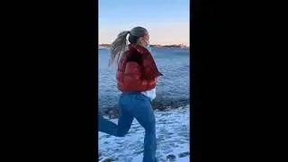 Red moncler puffer girl
