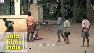Rural village children in India play with a ball