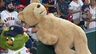 Houston Astros Mascot Orbit Brings Girl Giant Teddy Bear