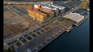 Drone views of new Township Commons park at Oakland's Brooklyn Basin