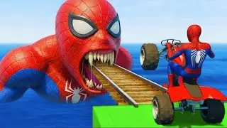 سبايدر مان اصعب دراجة نارية فوق اسماك القرش - Superheroes Ride on Motorcycle Stunt Funny Moments??