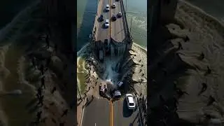 The bridge collapsed in the middle, and all the vehicles fell into the river and sank.###