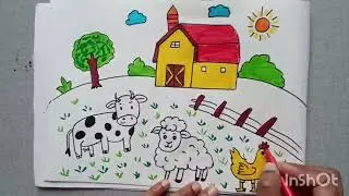 Farm House Drawing with Animals| Cute Farm Drawing with Animals and Barn