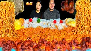 Food eating challenge with wife🥰 Spicy current noodles with chicken gizzard and white rice🥵😱