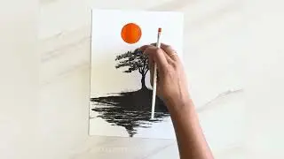 Minimalist Landscape Painting | Silhouette Tree & Glowing Orange Sun Easy painting