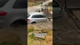 Guy Attempts to Cross River with his Car in Prahova Romania