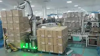Collaborative robot automatically palletizing box products,equipped with an automatic lifting column