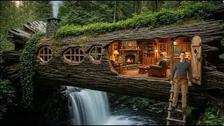 I Built a Secret Room Inside a Fallen Spruce Tree by a Waterfall | Full Build Process (ASMR )