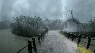 Heavy Rain Walk in Silent Village with Powerful Wind and Rolling Thunder for Deep Sleep ASMR 4K Vid