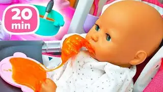 Comida para bebê. Annabelle vai aprender a comer com a colher. Vídeo para bebê.