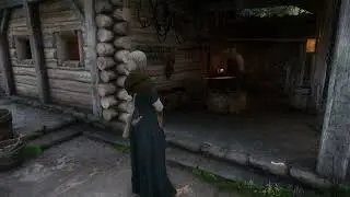 Blacksmith's Wife Observes His Work in Kingdom Come Deliverance 2