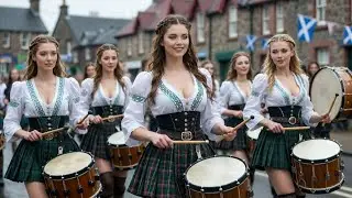 Celtic Drums & Bagpipes Army | Irish & Scottish Women Marching in Kilts