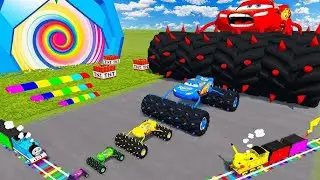 Big & Small Long Bus Spider Lightning McQueen Throns vs Thomas Trains | BeamNG.drive
