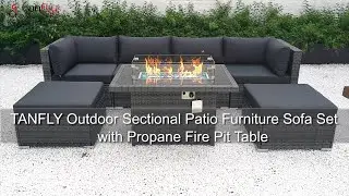 TANFLY Outdoor Sectional Patio Furniture Sofa Set with Propane Fire Pit Table
