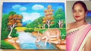 Простой способ нарисовать пейзаж 🦌 || Пейзажная живопись / Пейзаж акриловыми красками || Лесной п...