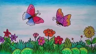 Menggambar kupu kupu dan bunga || Menggambar taman bunga  yang indah