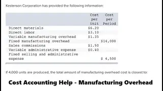 Cost Accounting Help: Kesterson Corporation has provided the following information: Cost per Unit